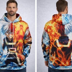 Split Fire & Ice Anime Pullover Hoodie - Red, Blue